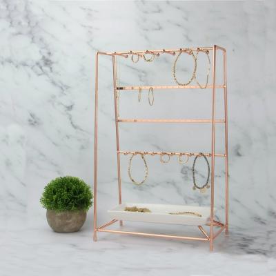 China Sustainable Rose Gold Metal Earring Rings Jewelry Stand Jewelry Organizer Display with White Ceramic Tray for sale