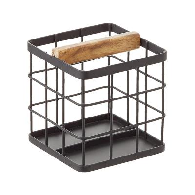 China Classic Office Desk Accessories Back to School Rectangle BlackMetal Wire Divided Pencil Cup Pen Holder for sale