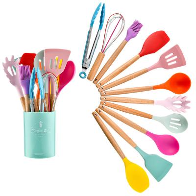 China Sustainable Heat Resistant Utensil Set With Premium Wooden Handles Cooking Bakeware Tools 12pcs Kitchenware Cookware Utensil Set for sale