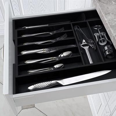 China Viable Cheap Black Bamboo Expandable Kitchen Cutlery Tray Organizer Box Drawer Organizer 9 Slots For Flatware for sale