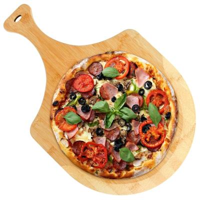 China Sustainable High Quality Commercial Round Pizza Paddle Skin Set Wooden Bamboo Pizza Tray Bakeware With Hole for sale