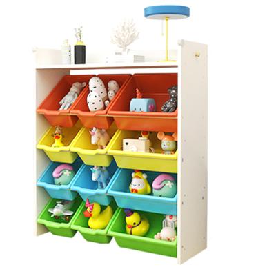 China 4-Tier 12 Viable Plastic Bins Toy Storage Organizer For Kids Wooden for sale