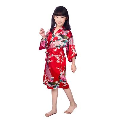 China Japanese style girl print peacock long dress QUICK DRY thin silk cardigan long dress kids summer housekeeping clothing for sale