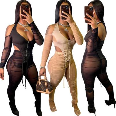 China Latest Fashion Anti-pilling Mesh Off Shoulder Stacked Long Pants Fashionable Sexy Women Two Piece Bodycon Set Clothes for sale