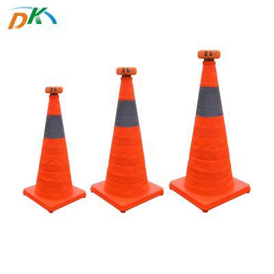 China Orange Collapsible Telescopic Road Construction Road Cone With LED Warning Light On Top for sale