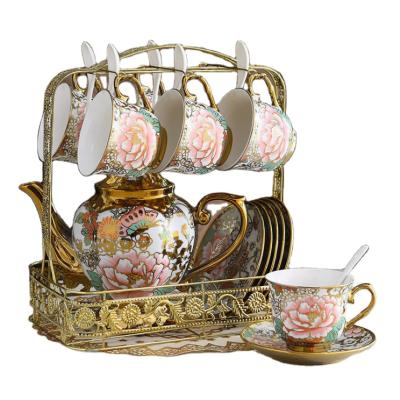 China Viable Electroplating 19pcs Tea Set With Iron Promotion Stand Customized Ceramic Teacup Set Tea Sets With Teapot Porcelain for sale