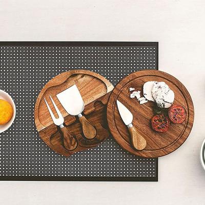 China Sustainable Mini Round Bamboo Wood Cheese Board Set With 3 Knives Charcuterie Tray Panel Cheese Tray Hidden Cutlery Drawer for sale