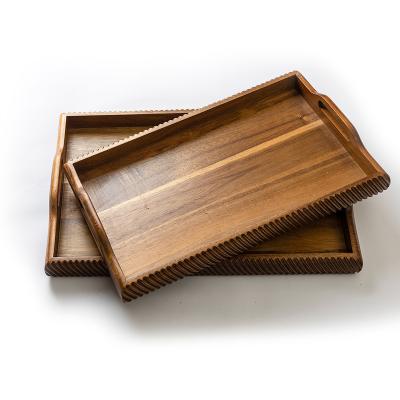 China Sustainable Wholesale Custom Acacia Wooden Table Serving Tray Large Serving Tray Wood With Handle for sale