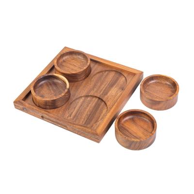 China 4 Compartments Wooden Round Custom Cheap Dry Wooden Fruit Divider Snack Serving Bamboo Dish, Bamboo Nuts Serving Tray for sale