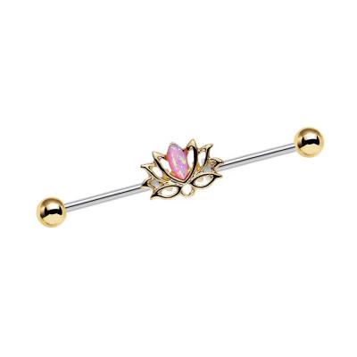 China Popular Industrial 14G Lutus Barbell With Pink Opal And Gold Balls Ear Piercing Jewelry for sale