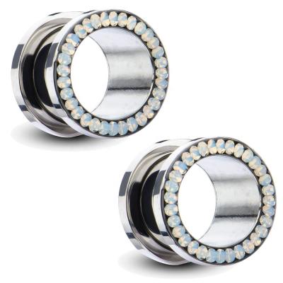 China Eat Tunnel Steel Tunnel With White Opal Rhinestone Ear Tunnel Piercing Jewelry for sale