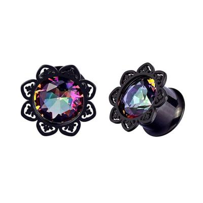 China Steel Black Tunnel With CZ Filigree Ear Rainbow Tunnel Body Piercing Jewelry for sale