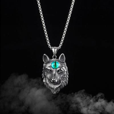 China Trendy High Quality Jewelry Stainless Steel Fashion Silver Color Animal Jewelry Vintage Devil's Eye Wolf Head Necklace For Men for sale