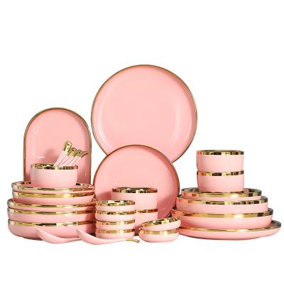 China Sustainable Pink Porcelain Dinnerware Set Luxury Dinnerware Set 18pcs Dishes Ceramic Sets For Party for sale