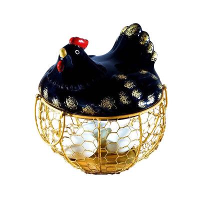 China Sustainable Ceramic Lid Chicken Hen Egg Basket Wire Egg Holder Basket For Home Decor for sale