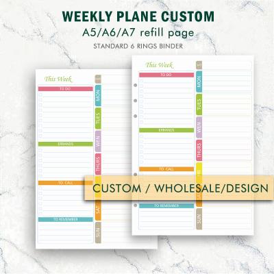 China Custom Grebiche A5 6 Ring Schedule Weekly Notepad TO/DO List Planner Refill Pages Insert Page Print Full Color Page for sale