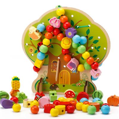 China Children's cartoon house wooden string play beaded children's toy building blocks wholesale for sale