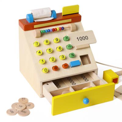 China Fun Kids Role Play Supermarket Cashier Toddler Wooden Cash Register Toy Wooden Educational Mathematics Learning Toy For 1 Year Old Baby for sale