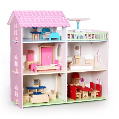 China Educational Wooden Furniture Toy Kids Children House Play Dollhouse Miniature Pretend Furniture Villa Sets Doll Play Boys Girls Gifts for sale