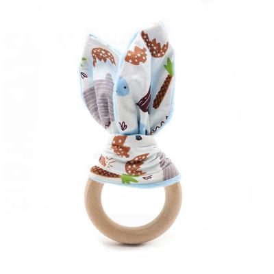 China Bunny Ear Teether Baby Rattle Eco-friendly Toy Beech Wood Teething Ring for sale