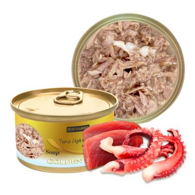 China Skin & Coat Health Supplier 80g, 170g OEM, ODM Cat Snacks Canned Wet Food Tuna & Squid Soup Pet Food for sale