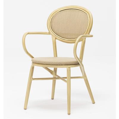 China Modern Aluminum Frame Cafe Chair Arm Dining Chair With Fabric Seat for sale