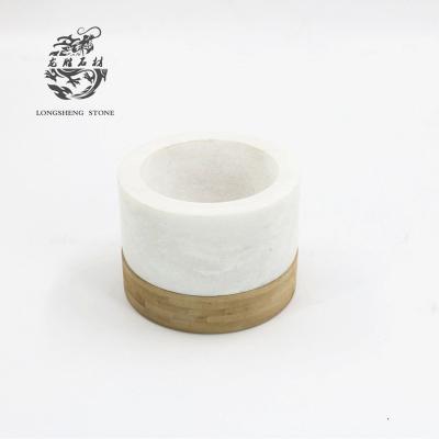 China Freshness Preservation Marble Spice Bottle Storage Vat Candle Jar Stone Candle Holder with Wood Base for sale