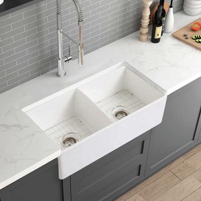 China Large Size Popular Simple White Ceramic Solid Surface Farmhouse Double Apron Design CUPC Front Kitchen Sink for sale