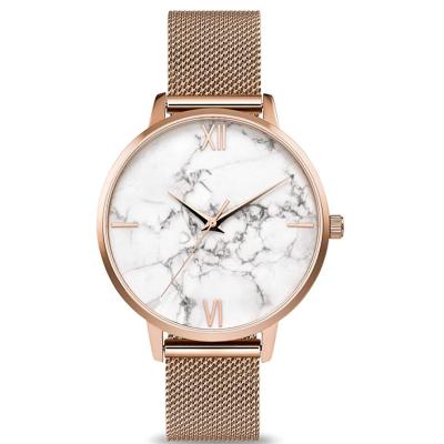 China Perfect Rose Gold Oem Mesh Watch Marble Dial Quartz Japan Movement Gold Ladies Watch Water Resistant for sale