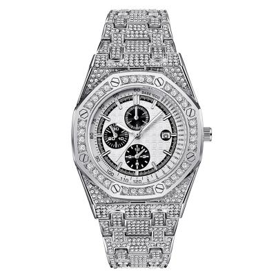 China Luxury Brand Full Diamond Simple Calendar Quartz Men Stainless Steel Watches for sale