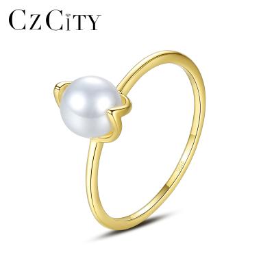 China CZCITY FASHIONABLE Simple Style Gold Plated 925 Sterling Silver Stackable Mini Dainty Imitation Pearl Ring for sale