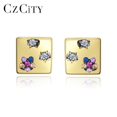 China Large Square Zircon Earring Ethnic Star 925 CZCITY Shape Color Stone 925 Zircon Earrings 14K Gold Plated for sale