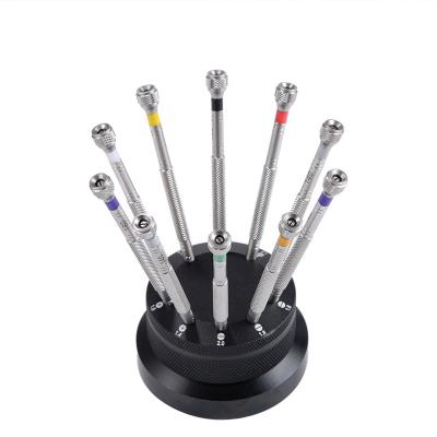 China Watch Repair 10 Piece Miniature Watch And Jewelry Screwdriver Set On Rotating Stand Stainless Steel For Watchmakers for sale