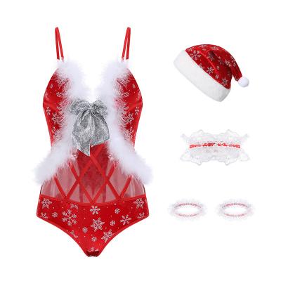 China One-piece sexy hot waistless Christmas velvet lingerie uniform set temptation for sale