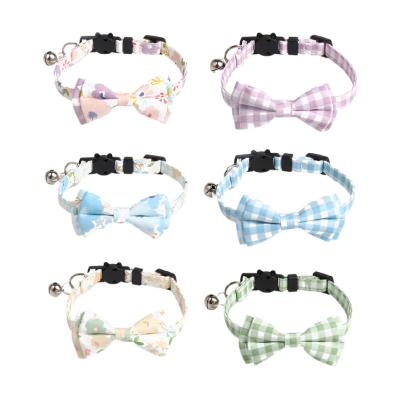 China Amigo Fashion Factory Wholesale Cute Security DETACHED Bowtie Pet Collar Floral Plaid Adjustable Bow Tie Kitten Cat Collar With Bell for sale