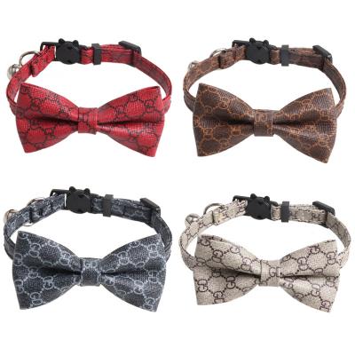 China Adjustable Breakpoint Kitten Pet Cat Collar With Bells Amigo Safety Bow Tie Floral High Quality PU DETACHED Leather for sale