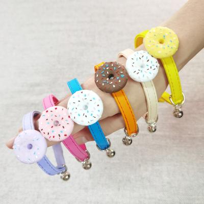 China Amigo Fashion Cute Lovely Donuts Personalized Colorful Pet Collar With Bell,Small Safety Wholesale Kitten PU Strap Elastic Cat Leather Collar for sale