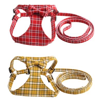 China Custom British Amigo Fashion Plaid No Pull Bowtie Dog Harness, Puppy Super Soft Breathable Vest Wholesale Pet Harness Leash Set for sale