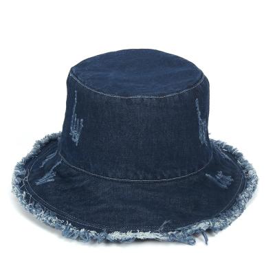 China Worn Character Distressed Wide Brim Fringed Jean Denim Fisherman Bucket Hats For Woman for sale