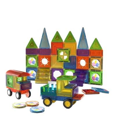 China DIY TOY Mntl 73pcs Multi Colors Plastic ABS Plastic Tiles Building Block Magnetic Sets For Kids Magnet Train Car for sale