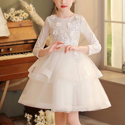 China 2021 Girls Washable Autumn Dress Gauze Decoration Ball Dress Embroidery Flower Sleeve Cotton Lace Dress Long Up Short Princess Dresses for sale