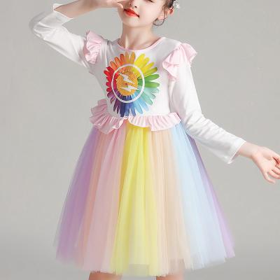 China 2020 Princess Breathable Girls' Fluffy Yarn Spring Rainbow Super Western Children's Birthday Dress Skirt And Sleeve Long Sleeve Dress for sale