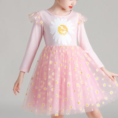 China 2020 spring sun flower pattern children's birthday tutu dress breathable girls princess fluffy yarn autumn long sleeve dress for sale