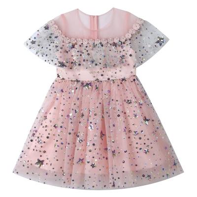 China D2601 Champagne Gauze Sequin Short Mesh Tutu Dress Daily Washable Performance Pink Bridesmaid Dress One Piece Kids Dress for sale