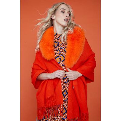 China Fashionable Soft Touch Feeling New Cashmere Blend Wrap With Faux Fur Collar And Tassels Customize Fashion Luxury Shawl For Women for sale