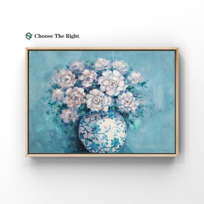 China Creative& Customization OEM Private Label Tint Blue Flower Vase Print Oil Painting Blue Canvas Framed Picture Handmade Paintings On Canvas for sale