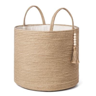 China Decorative Storage Basket Rope Basket Raw Woven Wooden Bead Decoration For Blankets for sale