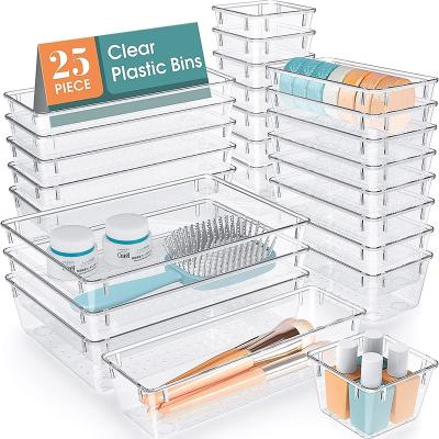 China American Style 25 PCS Clear Plastic Drawer Organizer Set Desk Organizers and Storage Bins for Makeup Jewelry Instruments for sale