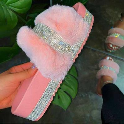 China CUSHIONING new design winter shoes ladies warm hairy high heels fashion fur slippers thick bling bling diamond outdoor woman's slides for sale