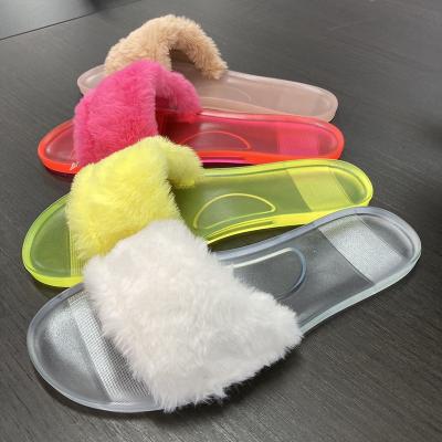 China Fashion Trend Price Cheap Shoes Fashion Faux Fur Jelly Slippers Custom Made For Women Sandals Indoor Flat Colorful Hairy Ladies Casual Slipper for sale